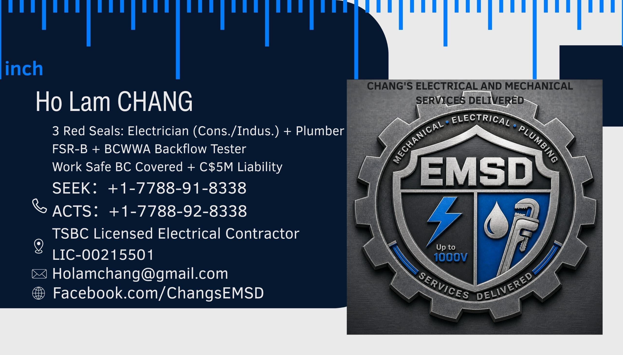 Chang’s EMSD 中文卡片，載有張浩霖的專業認證、牌照號碼及聯絡電話。